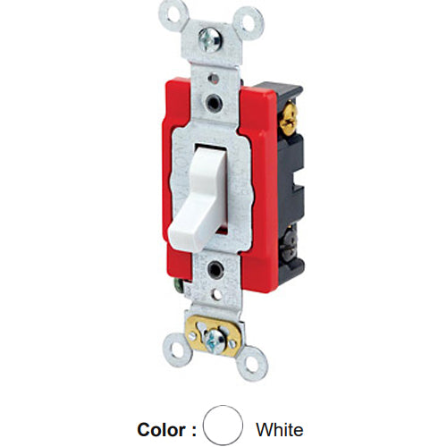 Leviton 1223-LHW, Illuminated OFF 3-Way AC Quiet Toggle Switch, Lighted Handle, Does Not Require a Neutral Wire, Industrial Grade, 20A 120V AC, Self Grounding, Back & Side Wired, White