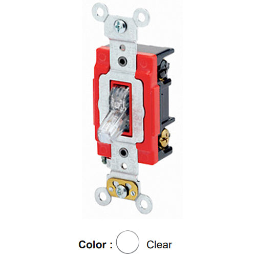 Leviton 1223-PLC, Illuminated ON 3-Way AC Quiet Toggle Switch, Pilot Light, Requires a Neutral Wire, Industrial Grade, 20A 120V AC, Self Grounding, Back & Side Wired, Clear