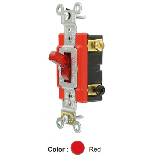 Leviton 1223-PLR, Illuminated ON 3-Way AC Quiet Toggle Switch, Pilot Light, Requires a Neutral Wire, Industrial Grade, 20A 120V AC, Self Grounding, Back & Side Wired, Red