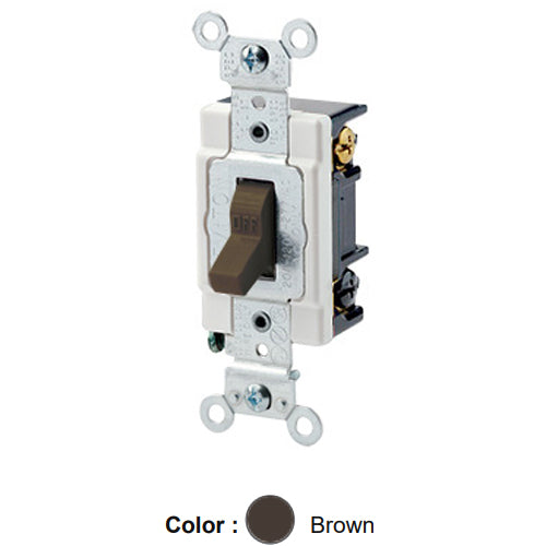 Leviton 1222-S, Standard 3-Way AC Quiet Toggle Switch, Heavy-Duty Industrial Specification Grade, 20A 120/277V AC, Self Grounding, Back & Side Wired, Brown