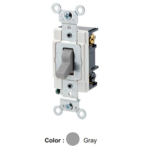 Leviton 1223-SGY, Standard 3-Way AC Quiet Toggle Switch, Heavy-Duty Industrial Specification Grade, 20A 120/277V AC, Self Grounding, Back & Side Wired, Gray
