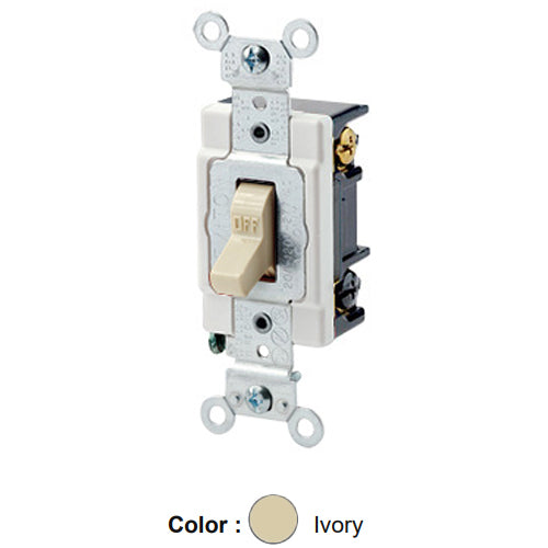 Leviton 1223-SI, Standard 3-Way AC Quiet Toggle Switch, Heavy-Duty Industrial Specification Grade, 20A 120/277V AC, Self Grounding, Back & Side Wired, Ivory
