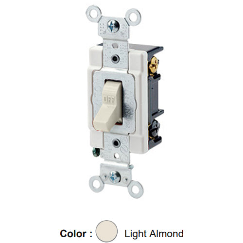Leviton 1223-ST, Standard 3-Way AC Quiet Toggle Switch, Heavy-Duty Industrial Specification Grade, 20A 120/277V AC, Self Grounding, Back & Side Wired, Light Almond