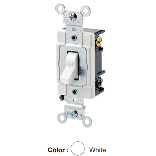 Leviton 1223-SW, Standard 3-Way AC Quiet Toggle Switch, Heavy-Duty Industrial Specification Grade, 20A 120/277V AC, Self Grounding, Back & Side Wired, White