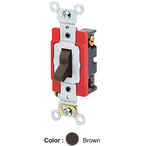 Leviton 1224-2, Standard 4-Way AC Quiet Toggle Switch, Extra Heavy-Duty Industrial Specification Grade, 20A 120/277V AC, Self Grounding, Back & Side Wired, Brown