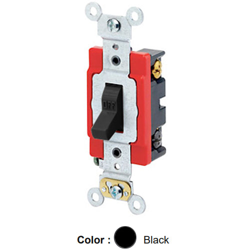 Leviton 1224-2E, Standard 4-Way AC Quiet Toggle Switch, Extra Heavy-Duty Industrial Specification Grade, 20A 120/277V AC, Self Grounding, Back & Side Wired, Black