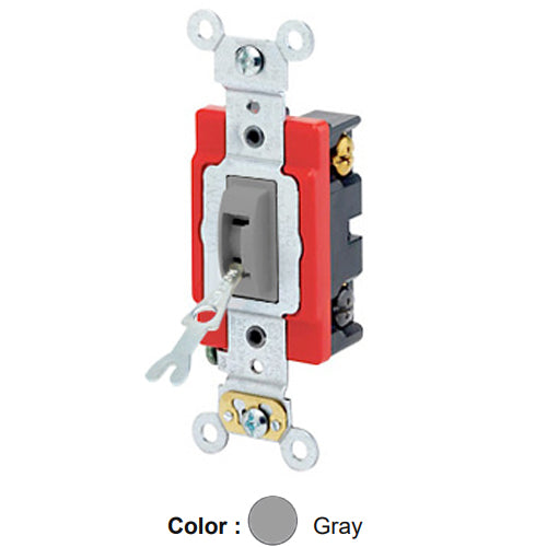 Leviton 1224-2GL, Tamper-Resistant (Key) Locking 4-Way AC Quiet Toggle Switch, Extra Heavy-Duty Industrial Specification Grade, 20A 120/277V AC, Self Grounding, Back & Side Wired, Gray