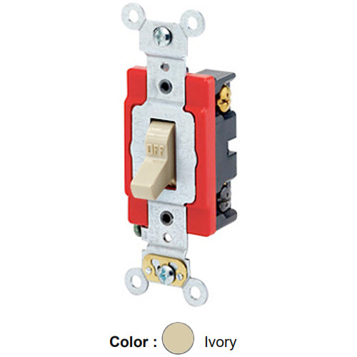 Leviton 1224-2I, Standard 4-Way AC Quiet Toggle Switch, Extra Heavy-Duty Industrial Specification Grade, 20A 120/277V AC, Self Grounding, Back & Side Wired, Ivory