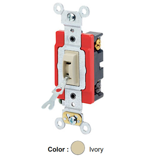 Leviton 1224-2IL, Tamper-Resistant (Key) Locking 4-Way AC Quiet Toggle Switch, Extra Heavy-Duty Industrial Specification Grade, 20A 120/277V AC, Self Grounding, Back & Side Wired, Ivory