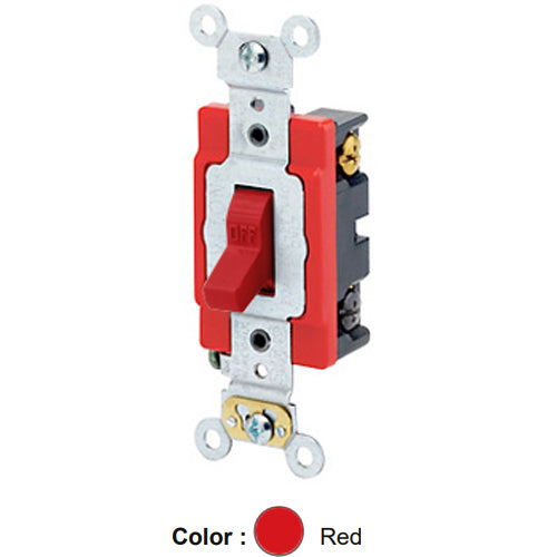 Leviton 1224-2R, Standard 4-Way AC Quiet Toggle Switch, Extra Heavy-Duty Industrial Specification Grade, 20A 120/277V AC, Self Grounding, Back & Side Wired, Red