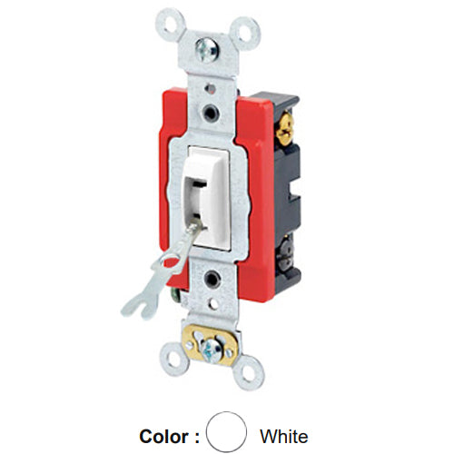 Leviton 1224-2WL, Tamper-Resistant (Key) Locking 4-Way AC Quiet Toggle Switch, Extra Heavy-Duty Industrial Specification Grade, 20A 120/277V AC, Self Grounding, Back & Side Wired, White