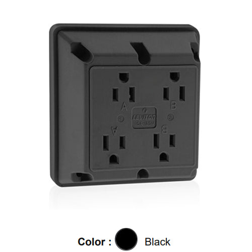 Leviton 1254-E, 4-in-1 Quadruplex Receptacle, Heavy-Duty Industrial Specification Grade, 15A 125V, NEMA 5-15R, 2-Pole, 3-Wire, Side Wire Only, Black