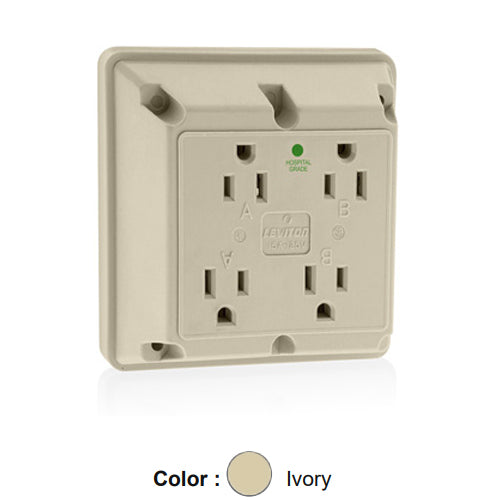 Leviton 1254-HI, 1254-H, 4-in-1 Quadruplex Receptacle, Heavy-Duty Hospital Grade, 15A 125V, NEMA 5-15R, 2-Pole, 3-Wire, Side Wire Only, Ivory