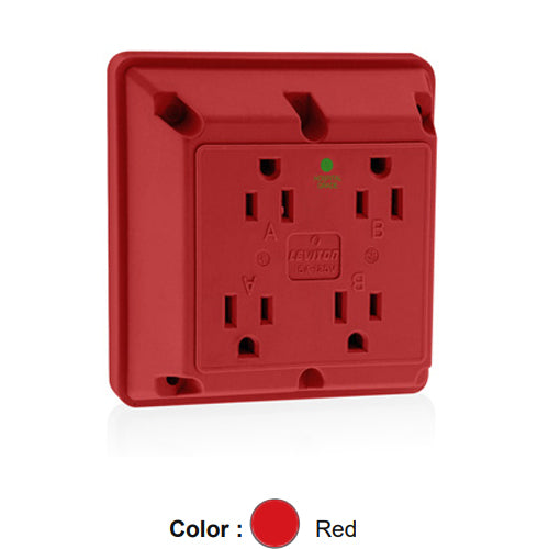 Leviton 1254-HR, 1254-H, 4-in-1 Quadruplex Receptacle, Heavy-Duty Hospital Grade, 15A 125V, NEMA 5-15R, 2-Pole, 3-Wire, Side Wire Only, Red