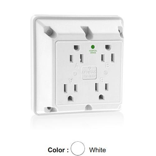 Leviton 1254-HW, 1254-H, 4-in-1 Quadruplex Receptacle, Heavy-Duty Hospital Grade, 15A 125V, NEMA 5-15R, 2-Pole, 3-Wire, Side Wire Only, White