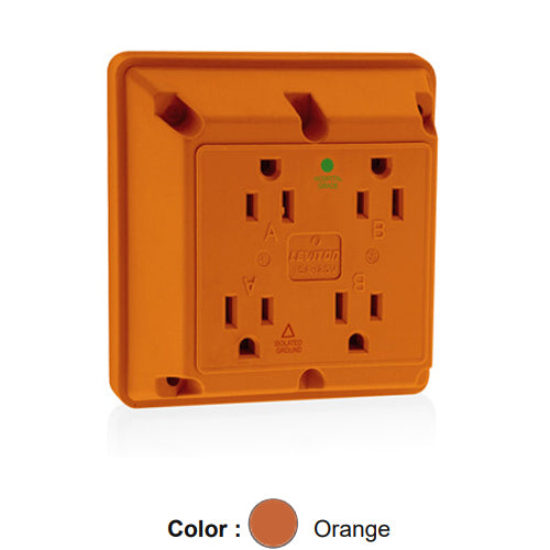 Leviton 1254-IG, 4-in-1 Quadruplex Receptacle, Heavy-Duty Hospital Grade, Isolated Ground , 15A 125V, NEMA 5-15R, 2-Pole, 3-Wire, Side Wire Only, Orange