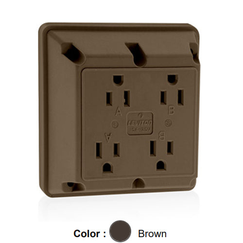 Leviton 1254, 4-in-1 Quadruplex Receptacle, Heavy-Duty Industrial Specification Grade, 15A 125V, NEMA 5-15R, 2-Pole, 3-Wire, Side Wire Only, Brown