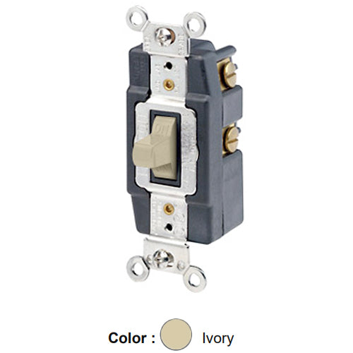 Leviton 1256-I, Single-Pole Double Throw Toggle AC Quiet Switch, Momentary Contact, Center OFF, Extra Heavy Duty Industrial Specification Grade, Back & Side Wired, Self-Grounding, 15A 120/277V AC, Ivory