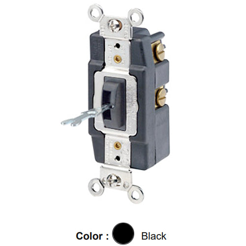 Leviton 1257-L, Tamper-Resistant (Key) Locking Single-Pole Double Throw AC Quiet Toggle Switch, Momentary Contact, Center OFF, Extra Heavy-Duty Industrial Specification Grade, 20A 120/277V AC, Self Grounding, Back & Side Wired, Black