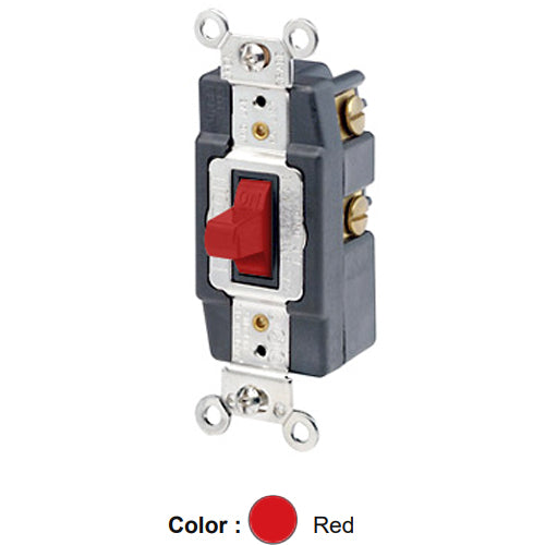 Leviton 1257-R, Single-Pole Double Throw Toggle AC Quiet Switch, Momentary Contact, Center OFF, Extra Heavy Duty Industrial Specification Grade, 20A 120/277V AC, Back & Side Wired, Self-Grounding, Red