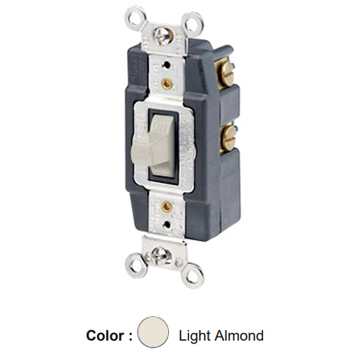 Leviton 1257-T, Single-Pole Double Throw Toggle AC Quiet Switch, Momentary Contact, Center OFF, Extra Heavy Duty Industrial Specification Grade, 20A 120/277V AC, Back & Side Wired, Self-Grounding, Light Almond