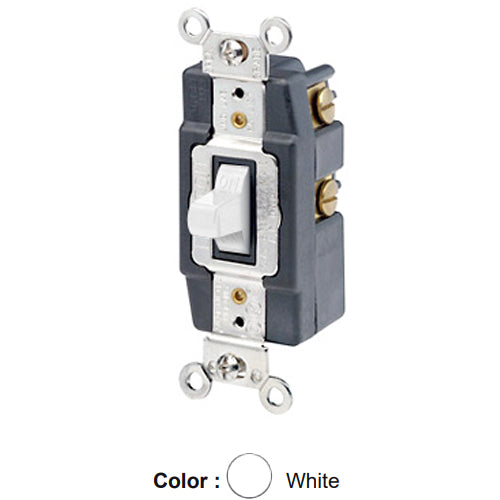Leviton 1257-W, Single-Pole Double Throw Toggle AC Quiet Switch, Momentary Contact, Center OFF, Extra Heavy Duty Industrial Specification Grade, 20A 120/277V AC, Back & Side Wired, Self-Grounding, White
