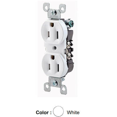 Leviton 12650-W, Straight Blade CO/ALR Duplex Receptacle, Residential Grade, 15A 125V, NEMA 5-15R, 2-Pole, 3-Wire, Grounding, Side Wired, Steel Strap, White