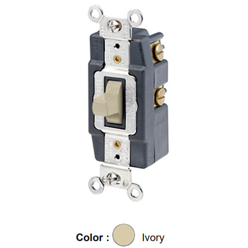 Leviton 1281-I, Single-Pole Double Throw Toggle AC Quiet Switch, Maintained Contact, Center OFF, Extra Heavy Duty Industrial Specification Grade, Back & Side Wired, Self-Grounding, 15A 120/277V AC, Ivory