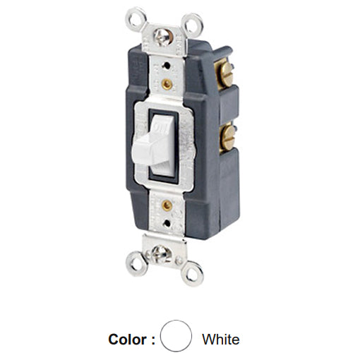 Leviton 1281-W, Single-Pole Double Throw Toggle AC Quiet Switch, Maintained Contact, Center OFF, Extra Heavy Duty Industrial Specification Grade, Back & Side Wired, Self-Grounding, 15A 120/277V AC, White
