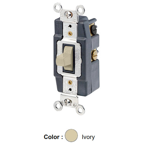 Leviton 1282-I, Double-Pole Double Throw Toggle AC Quiet Switch, Maintained Contact, Center OFF, Extra Heavy Duty Industrial Specification Grade, 15A 120/277V AC, Back & Side Wired, Self-Grounding, Ivory