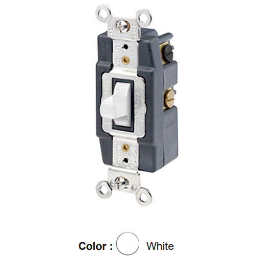 Leviton 1282-W, Double-Pole Double Throw Toggle AC Quiet Switch, Maintained Contact, Center OFF, Extra Heavy Duty Industrial Specification Grade, 15A 120/277V AC, Back & Side Wired, Self-Grounding, White