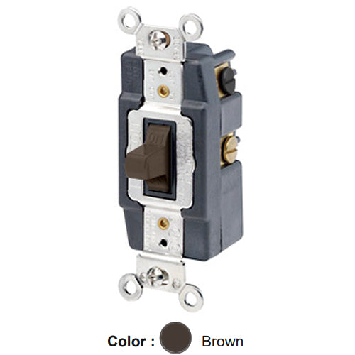 Leviton 1282, Double-Pole Double Throw Toggle AC Quiet Switch, Maintained Contact, Center OFF, Extra Heavy Duty Industrial Specification Grade, 15A 120/277V AC, Back & Side Wired, Self-Grounding, Brown