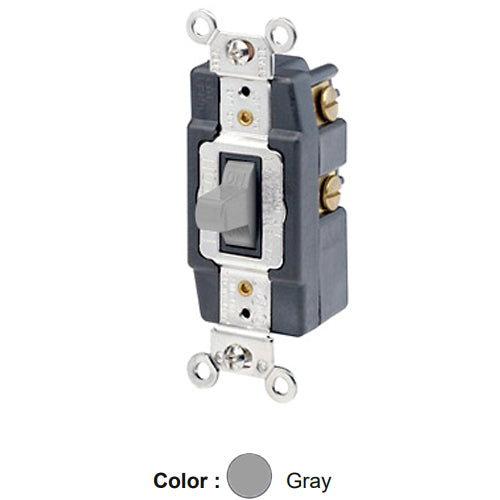 Leviton 1285-GY, Single-Pole Double Throw Toggle AC Quiet Switch, Maintained Contact, Center OFF, Extra Heavy Duty Industrial Specification Grade, 20A 120/277V AC, Back & Side Wired, Self-Grounding, Gray
