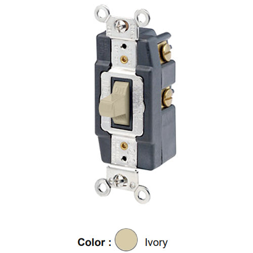 Leviton 1285-I, Single-Pole Double Throw Toggle AC Quiet Switch, Maintained Contact, Center OFF, Extra Heavy Duty Industrial Specification Grade, 20A 120/277V AC, Back & Side Wired, Self-Grounding, Ivory