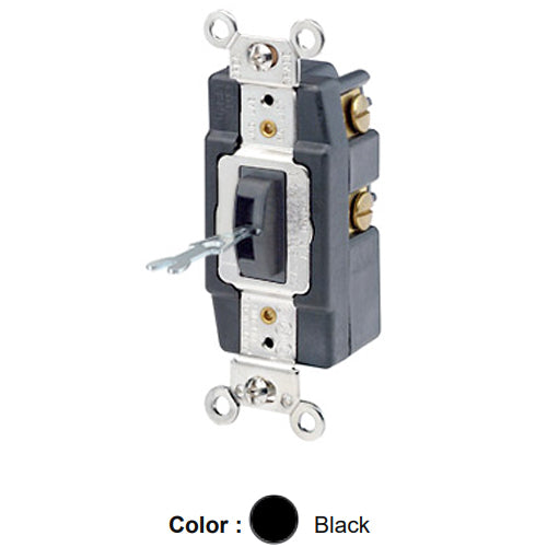 Leviton 1285-L, Tamper-Resistant (Key) Locking Double-Throw Center OFF Maintained Contact Single Pole AC Quiet Toggle Switch, Extra Heavy-Duty Industrial Specification Grade, 20A 120/277V AC, Self-Grounding, Back & Side Wired, Black