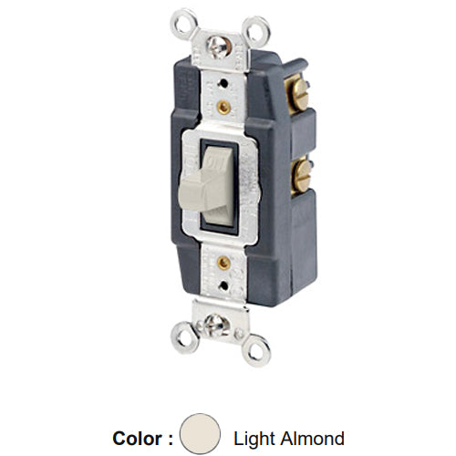 Leviton 1285-T, Single-Pole Double Throw Toggle AC Quiet Switch, Maintained Contact, Center OFF, Extra Heavy Duty Industrial Specification Grade, 20A 120/277V AC, Back & Side Wired, Self-Grounding, Light Almond