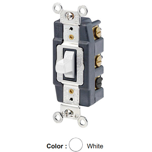 Leviton 1286-W, Double-Pole Double Throw Toggle AC Quiet Switch, Maintained Contact, Center OFF, Extra Heavy Duty Industrial Specification Grade, 20A 120/277V AC, Back & Side Wired, Self-Grounding, White