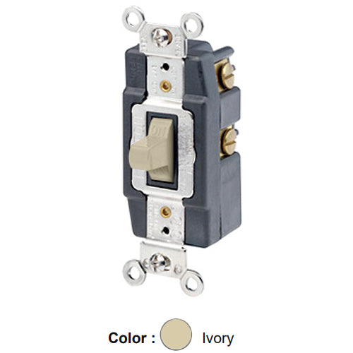 Leviton 1287-I, Single-Pole Double Throw Toggle AC Quiet Switch, Maintained Contact, Center OFF, Extra Heavy Duty Industrial Specification Grade, 30A 120/277V AC, Back & Side Wired, Self-Grounding, Ivory