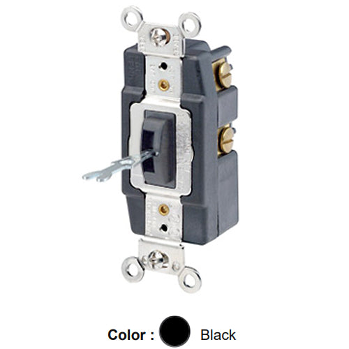 Leviton 1287-L, Tamper-Resistant (Key) Locking Double-Throw Center OFF Maintained Contact Single Pole AC Quiet Toggle Switch, Extra Heavy-Duty Industrial Specification Grade, 30A 120/277V AC, Self-Grounding, Back & Side Wired, Black