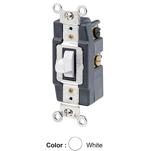 Leviton 1288-W, Double-Pole Double Throw Toggle AC Quiet Switch, Maintained Contact, Center OFF, Extra Heavy Duty Industrial Specification Grade, 30A 120/277V AC, Back & Side Wired, Self-Grounding, White