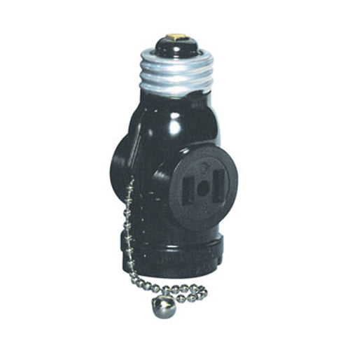 Leviton 1406, Indoor Pull Chain Lampholder with 2 Outlets, 660 Watt, 125 Volt, 2-Pole, 2-Wire, Black