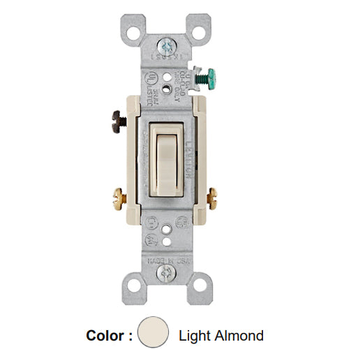 Leviton 1453-2T, Framed 3-Way AC Quiet Toggle Switch, Residential Grade, 15A 120V AC, Grounding, Quickwire Push-In & Side Wired, Light Almond, 2 Packs