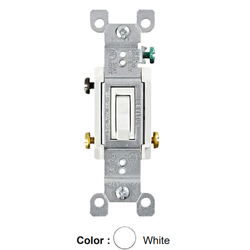 Leviton 1453-2W, Framed 3-Way AC Quiet Toggle Switch, Residential Grade, 15A 120V AC, Grounding, Quickwire Push-In & Side Wired, White, 2 Packs