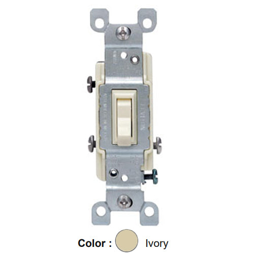 Leviton 1453-ICP, Framed 3-Way AC Quiet Toggle Switch, Residential Grade, 15A 120V AC, Non-Grounding, Quickwire Push-In & Side Wired, Ivory, 4 Packs