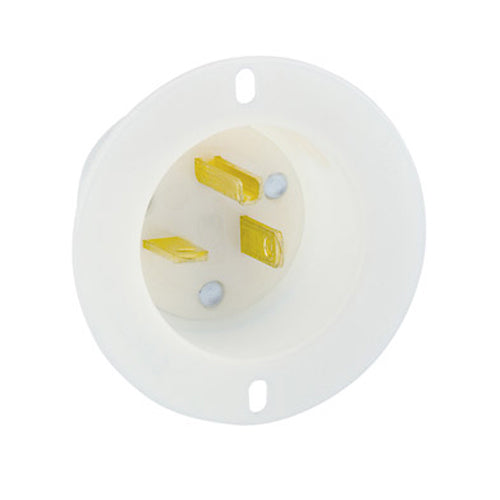 Leviton 15378-C, Straight Blade Flanged Inlet Receptacle, Industrial Grade, 20A 125V, NEMA 5-20P, 2-Pole, 3-Wire, Grounding, Back Wired, Thermoplastic Nylon Strap, White