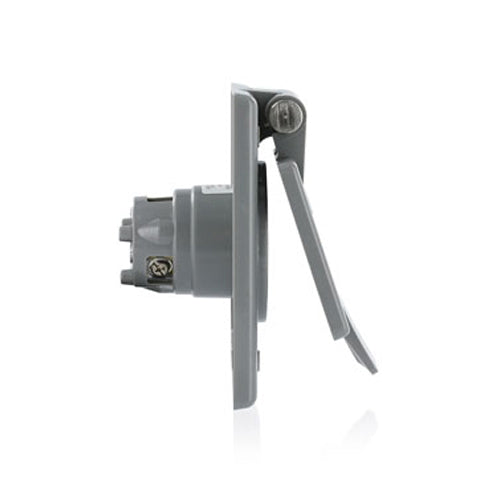 Leviton 5478-CWP, Straight Blade Power Inlet Receptacle with Integrated Cover, Industrial Grade, 20A 250V, NEMA 6-20P, 2-Pole, 3-Wire, Standard Wire Wells Wired, Nylon Strap, Gray