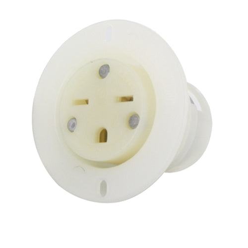 Leviton 15679-C, Straight Blade Flanged Outlet Receptacle, Industrial Grade, 15A 250V, NEMA 6-15R, 2-Pole, 3-Wire, Grounding, Back Wired, Thermoplastic Nylon Strap, White