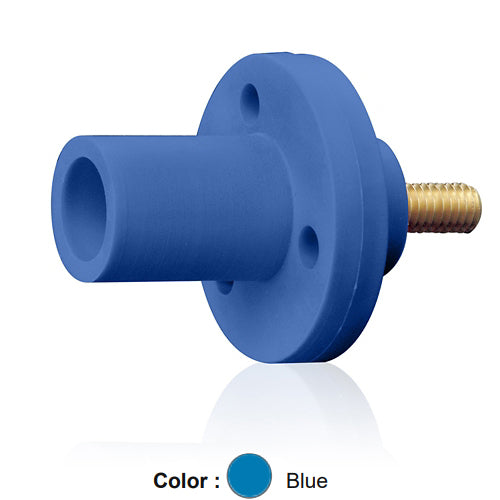 Leviton 15R21-1UB, 15 Series Single Pole Cam-Type Male Panel Mount Receptacle, Industrial Grade, 150 Amp Max, 600 VAC/DC Max, 0.75'' Threaded Stud Termination, 90-Degree, #8 - #2 AWG, Blue