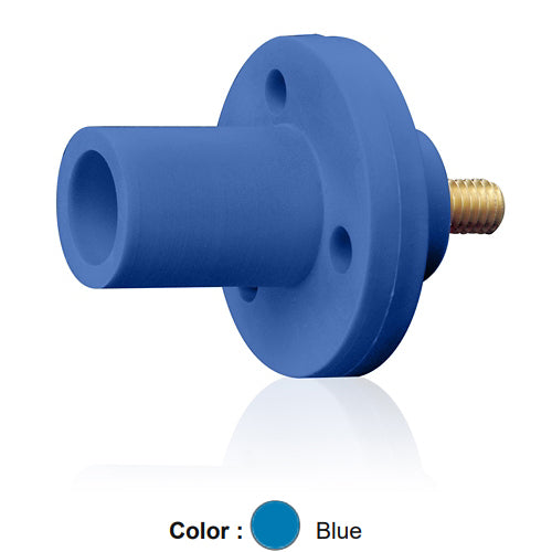 Leviton 15R21-UB, 15 Series Single Pole Cam-Type Male Panel Mount Receptacle, Industrial Grade, 150 Amp Max, 600 VAC/DC Max, 0.5'' Threaded Stud Termination, 90-Degree, #8 - #2 AWG, Blue