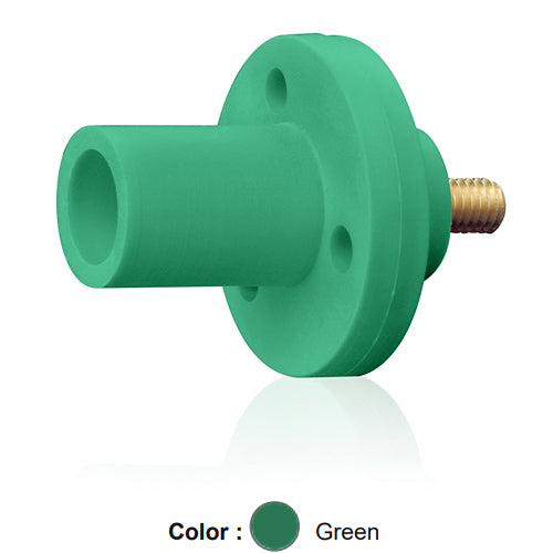Leviton 15R21-UG, 15 Series Single Pole Cam-Type Male Panel Mount Receptacle, Industrial Grade, 150 Amp Max, 600 VAC/DC Max, 0.5'' Threaded Stud Termination, 90-Degree, #8 - #2 AWG, Green